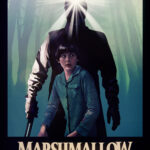 Marshmallow Poster featuring a frightened child in the foreground with an outline of an ominous figure with a headlamp standing behind him. Tree shapes are in the distance.