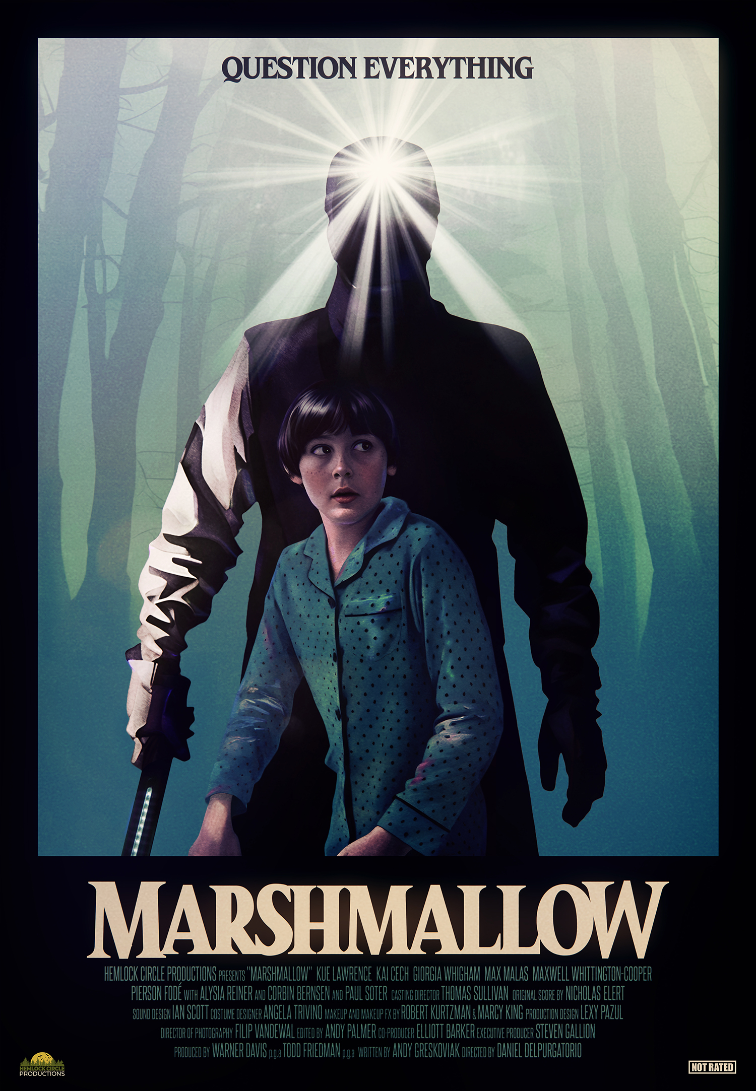 Marshmallow Poster featuring a frightened child in the foreground with an outline of an ominous figure with a headlamp standing behind him. Tree shapes are in the distance.